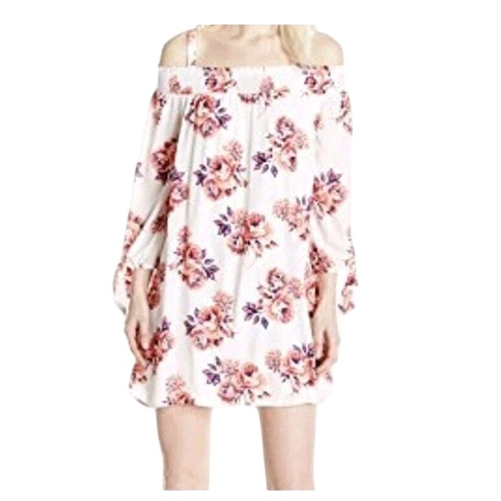 As U Wish Womens Small white Pink floral Mini dress size Off Shoulder Lined